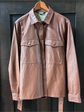 Brown Faux Leather Shirt Jacket